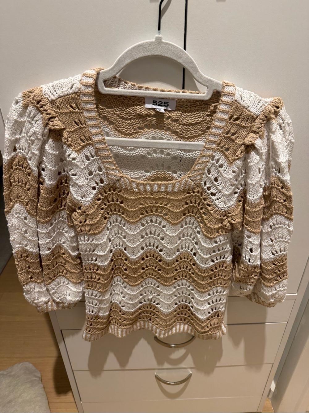 525 America Striped Crochet Square Neck Puff Sleeve Top in White and Tan